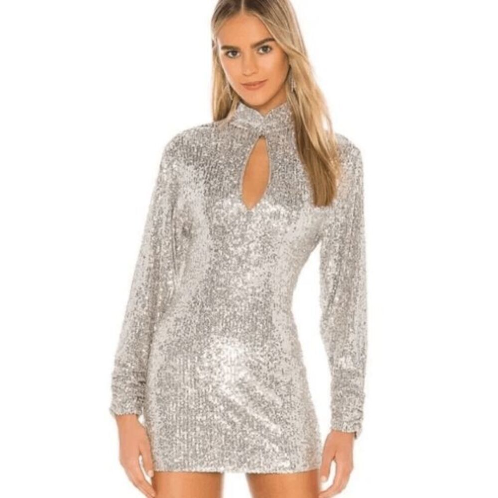 Ronny Kobo Lauper Silver‎ Sequin Mini Dress Long Sleeve Lined Size Medium